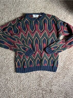 Geoffrey Beene Navy Hand-Knit Sweater with Green and Rust Accents